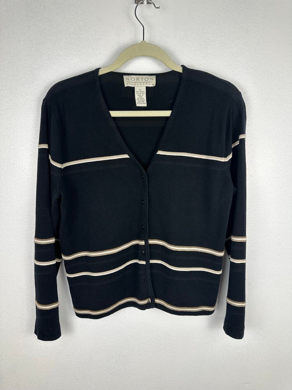 Norton McNaughton Vintage 90s Striped Cardigan Knit Sweater M Black Beige